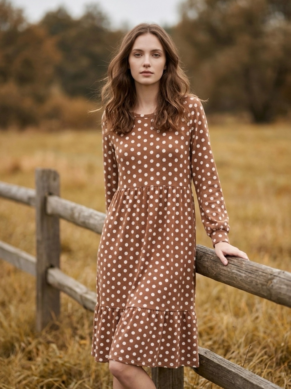 Joe Fresh Brown Polka Dot Long Sleeve Midi Dress